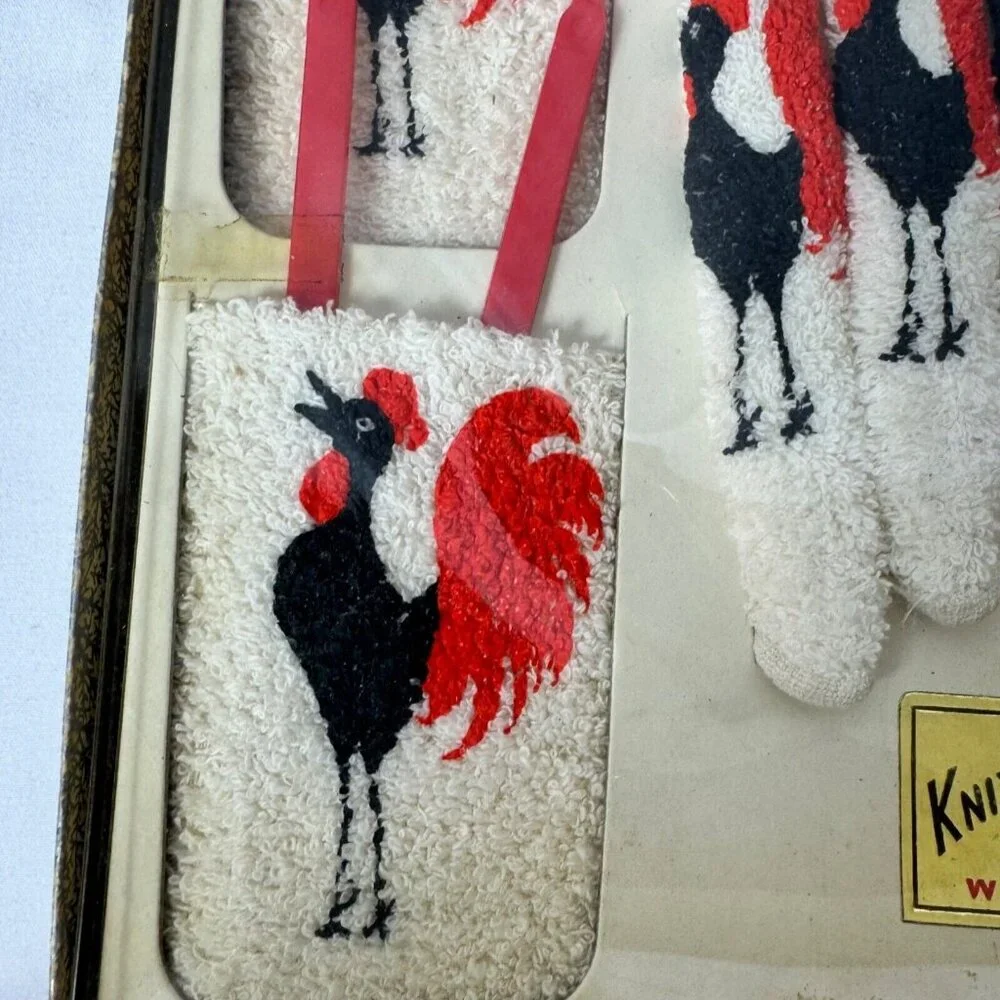 Vtg Knitted Coasters Rooster Motif Horse Swizzle‎ Sticks Midcentury Bar Kitschy